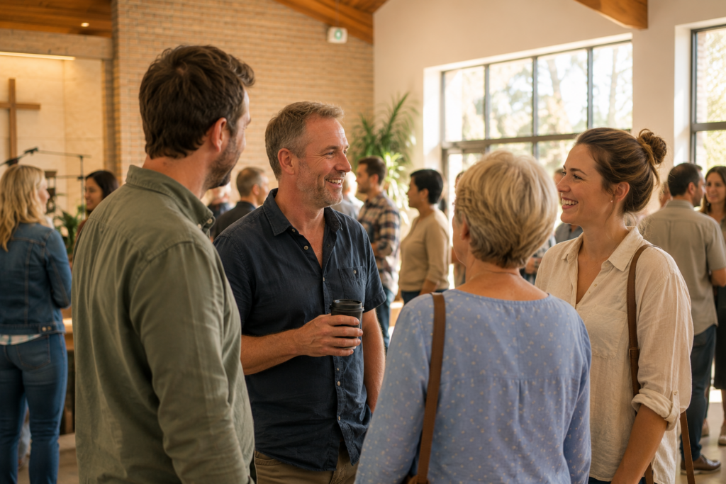 Members of a small Australian church chatting after a Sunday service in a sunlit church hall