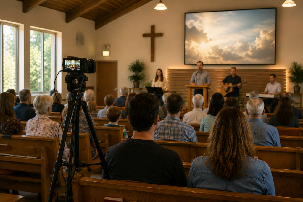 A camera set up to live stream a Sunday church service in a small Australian church