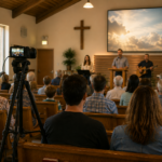 A camera set up to live stream a Sunday church service in a small Australian church