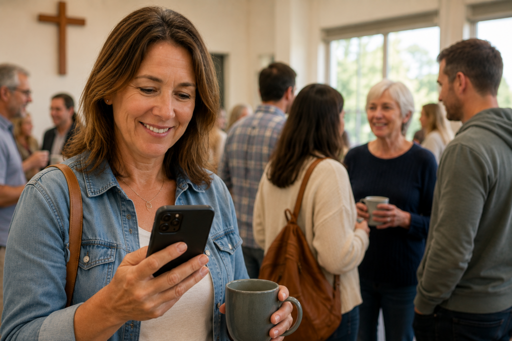 A church member reading a church push notification on her phone after a Sunday service in Australia