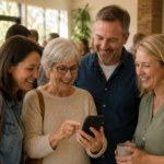 Members of a small Australian church looking at a church app together on a phone after a Sunday service