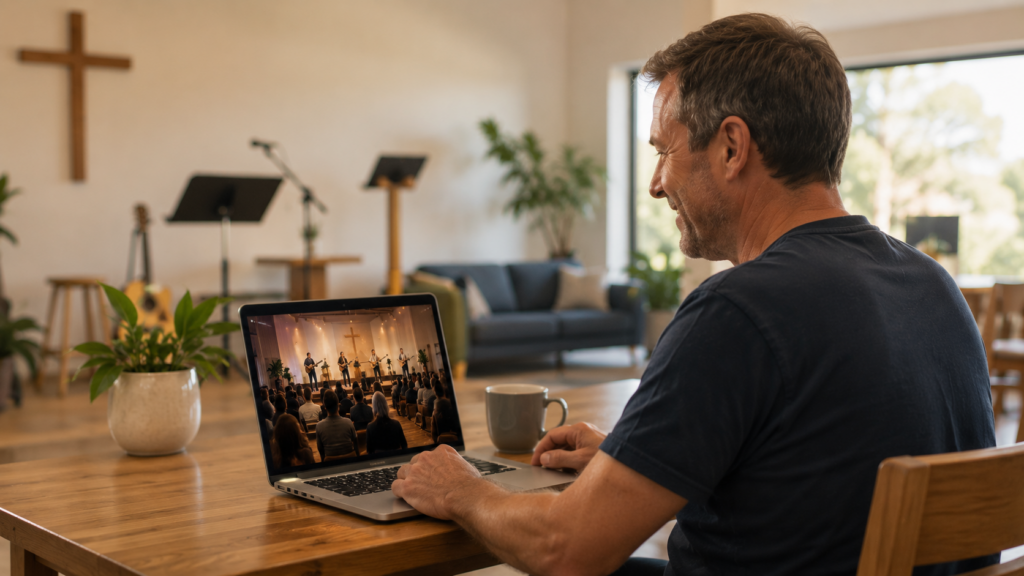 A man watching a church live stream on a laptop in a church hall