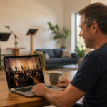 A man watching a church live stream on a laptop in a church hall