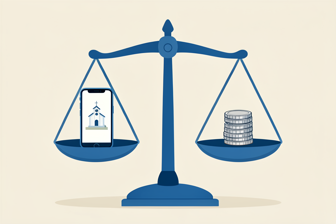 Balanced scale weighing a church app against coins, illustrating fair church app pricing in Australia