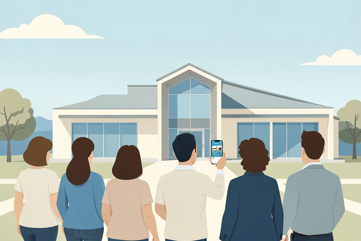 A church congregation gathered outside their building using a mobile church app