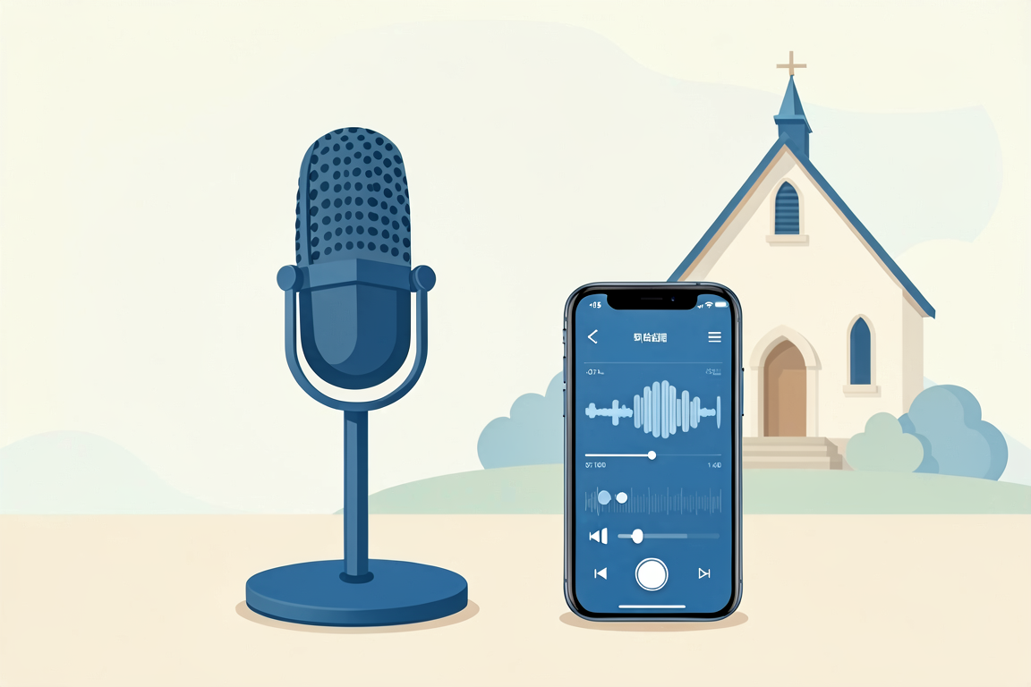 A microphone and phone showing a church podcast, a simple church podcasting setup