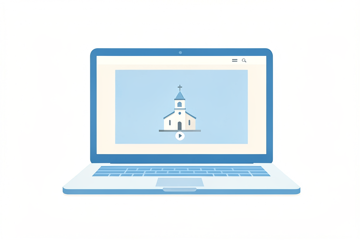 A laptop showing a church website with an embedded live stream video player