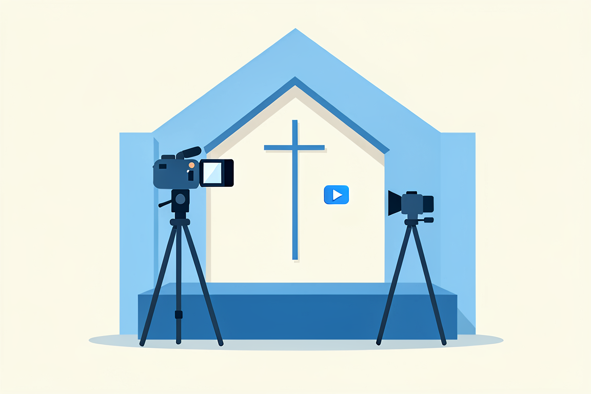 Cameras on tripods live streaming a church service, with a cross and a play button