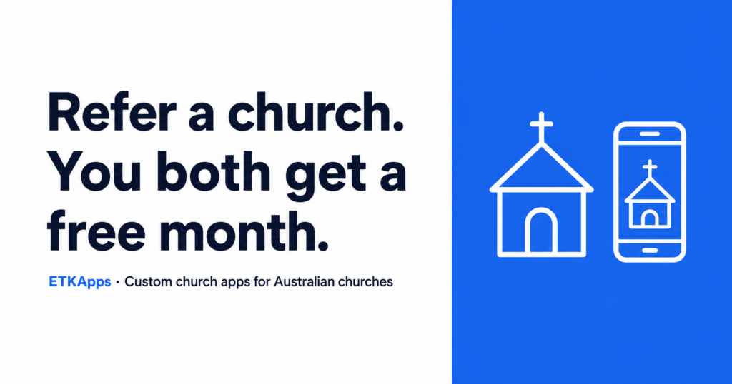 ETKApps church app referral program: refer a church and you both get a free month